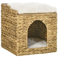 PawHut Rattan Katzenhaus, Katzenhöhle mit Kissen, Katzenhütte mit 2 Ebenen