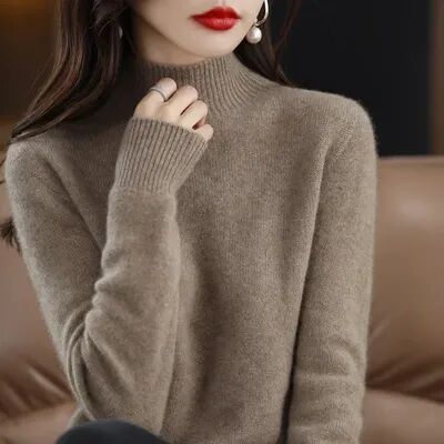 GlowBake Autumn Winter Women Sweater, Fashion Warm Bottoming Shirts, Half High Collar Knitwear Solid Long Sleeve Pullovers dark Camel m