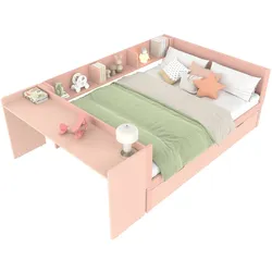 STILVORA Flachbett 140x200 mit Schreibtisch, Ausziehbett und Regalen, Multifunktionsbett aus Kiefernholz und MDF, platzsparend, stabil, modern, Rosa