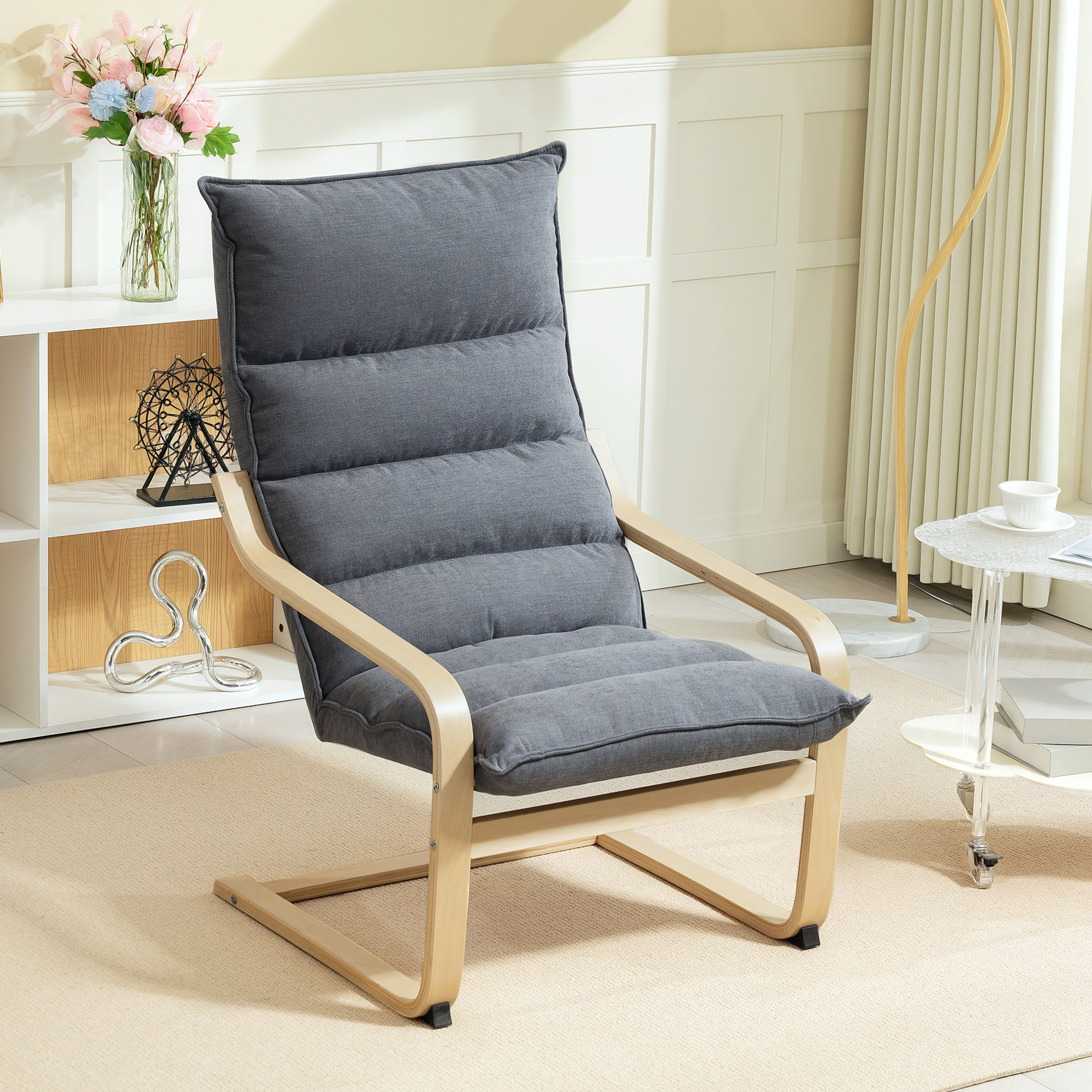 Homcom Poltrona a Dondolo Moderna con Braccioli in Legno e Cuscini Spessi in Velluto, 67x83x105 cm, Grigio