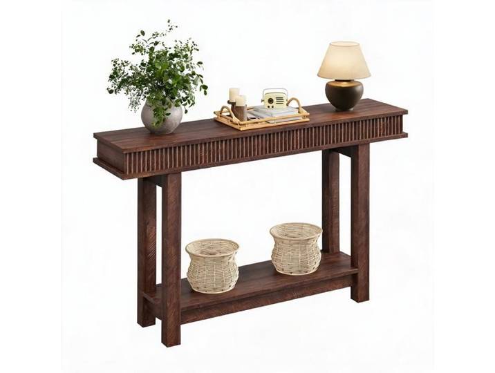 Koioplie Console Farmhouse 2 niveaux avec étagère en bois massif à rainures table d'entrée étroite pour entrée couloir，Brown-red