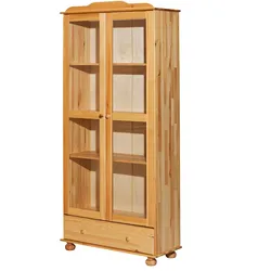 Möbilia Vitrine | 2 Türen mit Glaseinsatz, 1 Schubladen | Kiefer-Holz massiv | B 85 x T 35 x H 189 cm | natur | 19020026 | Serie VITRINE