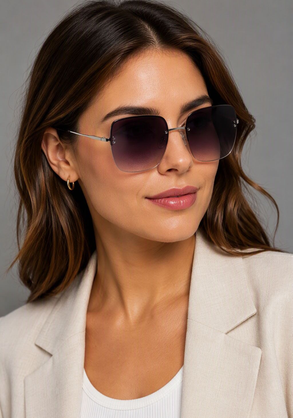 Sonnenbrille LAURA SCOTT, Damen, lila (grau), Sonnenbrillen Sonnenbrille, randloses Trapez-Design, silber glänzende Bügel, Filterkategorie 3 grau Einheitsgröße
