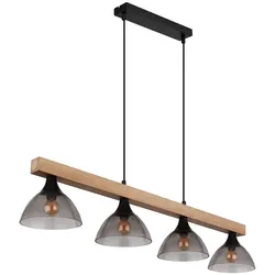 LED Pendelleuchte Holzlampe Hängelampe, 4 flammig, Holzbalken Rauchglas Metall Schwarz-matt, 4x 4W 4x 350lm warmweiß, LxBxH 96x17x150cm