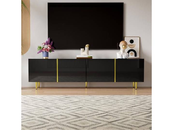 Armoire TV Noir Haute Brillance Banc TV avec 4 Portes Meuble de Salon Moderne Pieds dorés Elegant 170x35x46cm Noir#Noir
