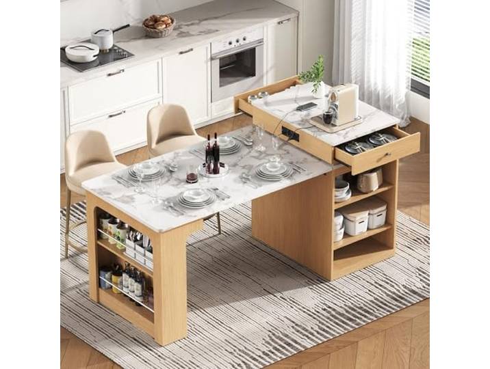 QQJIN Kücheninsel Freistehend Als Ausziehbarer Esstisch, Mobile Kücheninsel mit Integrierte Steckdosen für Küche und Esszimmer, Holzoptik,H