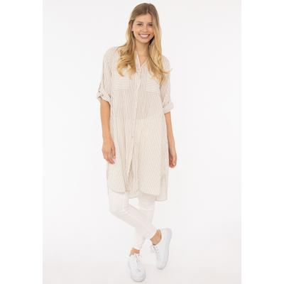 Longbluse ZWILLINGSHERZ "Kida", Damen, beige (hellbeige), Web, Obermaterial: 100% Baumwolle, gestreift, comfort fit lang, V-Ausschnitt, Krempelärmel 1-Knopf-Manschette, Blusen Longbluse, One Size, Streifen, Knopfleiste, Brusttaschen, 3/4-Arm