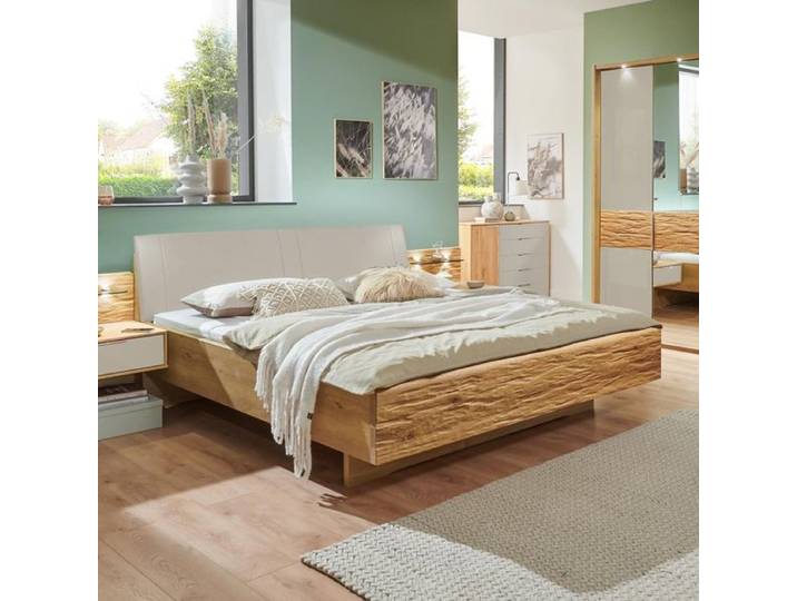 Bett Nerja Eiche teilmassiv Komfort mit Polsterkopfteil 200x220cm modern, höhenverstellbar