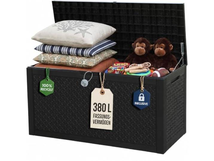 Olsen & Smith 380-l-Gartenbox & -Sitzbank aus recyceltem Material bis 225kg belastbar Scharniere mit Gasdruckfeder, wasserdicht für Polster