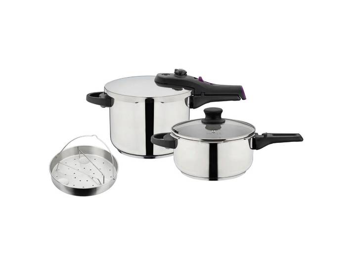 GSW Schnellkochtopfset System Rapid, Silber, Metall, 2-teilig, 6 + 4 L, ISO 9001, Messskala, rostfrei, Griffe werden nicht heiß, einstellbare Kochstufen, Druckregelventil, Sicherheitsventil, optimale Wärmeverteilung, leichte Reinigung, verkapselter Sandwichboden, Kochen, Töpfe, Schnellkochtöpfe