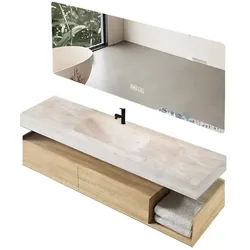 Wandhängendes Badezimmermöbel-Set mit Sinterstein-Waschbecken, Spiegel, Unterschrank und Ablaufgarnitur 140×55 cm【RWR208-140】