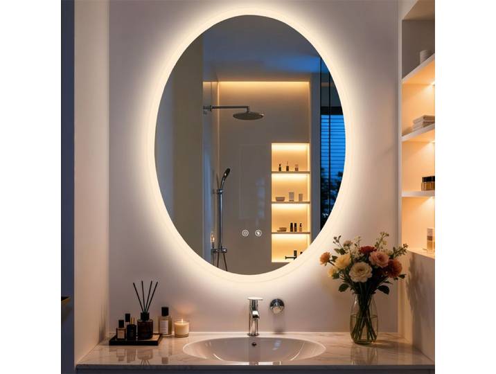 Miroir Élégant Forme Ovale - Sans Cadre Anti-Buée Intégré Mémoire de Réglage 3 Couleurs de Lumière - 70 x 90 cm