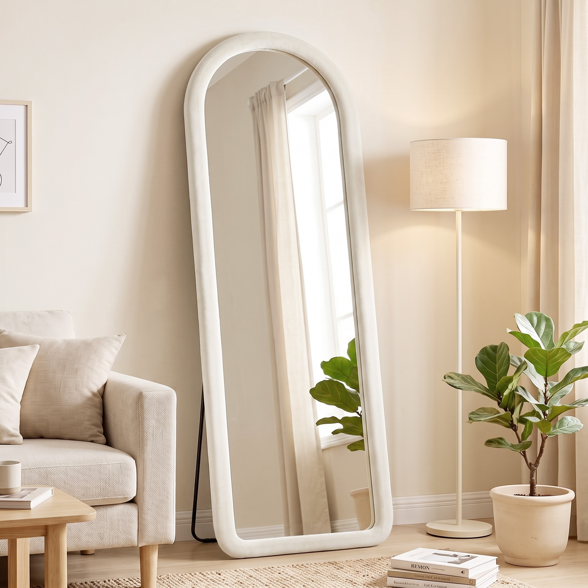 Homcom Specchio Intero 160x60 Cm, Ad Arco, Da Terra O Parete, Cornice Flanella, Bianco Crema   Aosom Italy