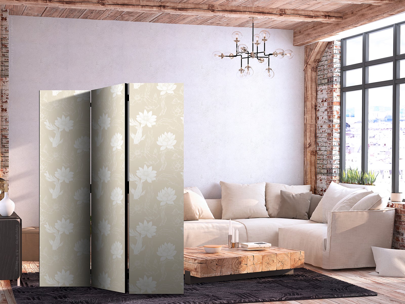 home24 Paravent Fish & Water Lilies 2-zijdig beige B: 135 cm, H: 172 cm