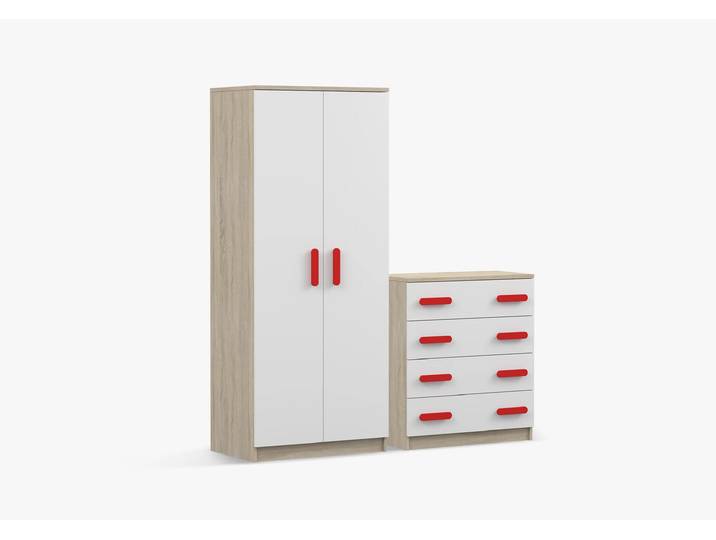 Drehtürenschrank und Kommode 2er-Set JONAS III 06/JONAS III 02 Sonoma Eiche Weiß Rot