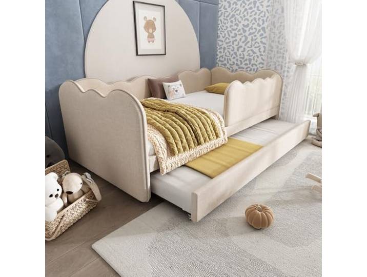 FAVSH Ausziehbett 90x190 cm, Daybett Tagesbett Schlafsofa, Einzelbett mit Lattenrost, Bett Jugendbett Gästebett, Leinen, Beige, ohne Matratze