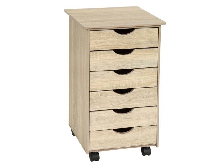 Caisson bureau à roulettes en panneau de fibres 6 tiroirs bois clair