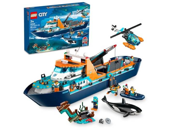 LEGO City Arctic Explorer Ship 60368 Bauspielzeug Set, lustiges Spielzeug Geschenk für 7-jährige Jungen und Mädchen, mit einem schwimmfähigen Boot, Hubschrauber, Schlauchboot, ROV Sub,