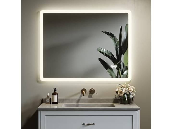 HOROW Badspiegel mit Beleuchtung 90x70 cm LED Antibeschlag Badezimmerspiegel Rahmenloser Wandspiegel mit Touch Steuerung, dimmbare Beleuchtung 3 Lichtfarben moderne Rundecken