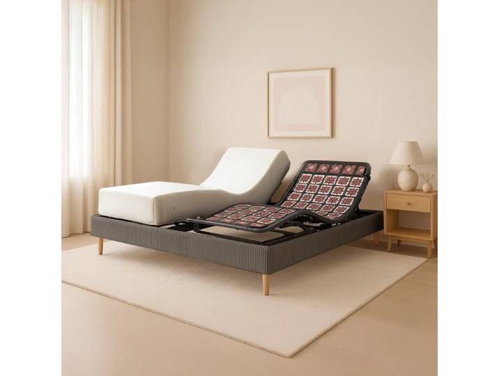 Ensemble lit électrique 140x190 gris – Sommier relaxation à plots + contour velours côtelé + matelas