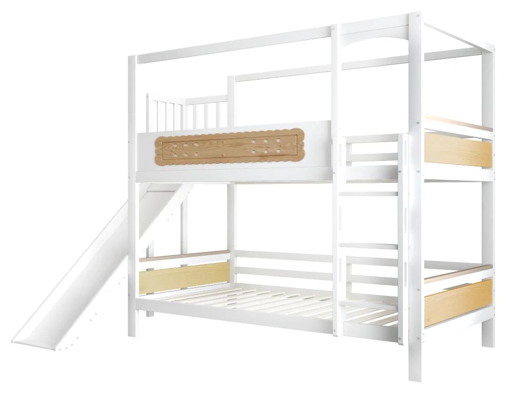 Kinderbett - Hausförmiges Etagenbett - 90 x 200 cm - Rutsche - Extra breite Sicherheitsleiter - Keksförmige Schutzgitter - Holz - Natur/Weiß