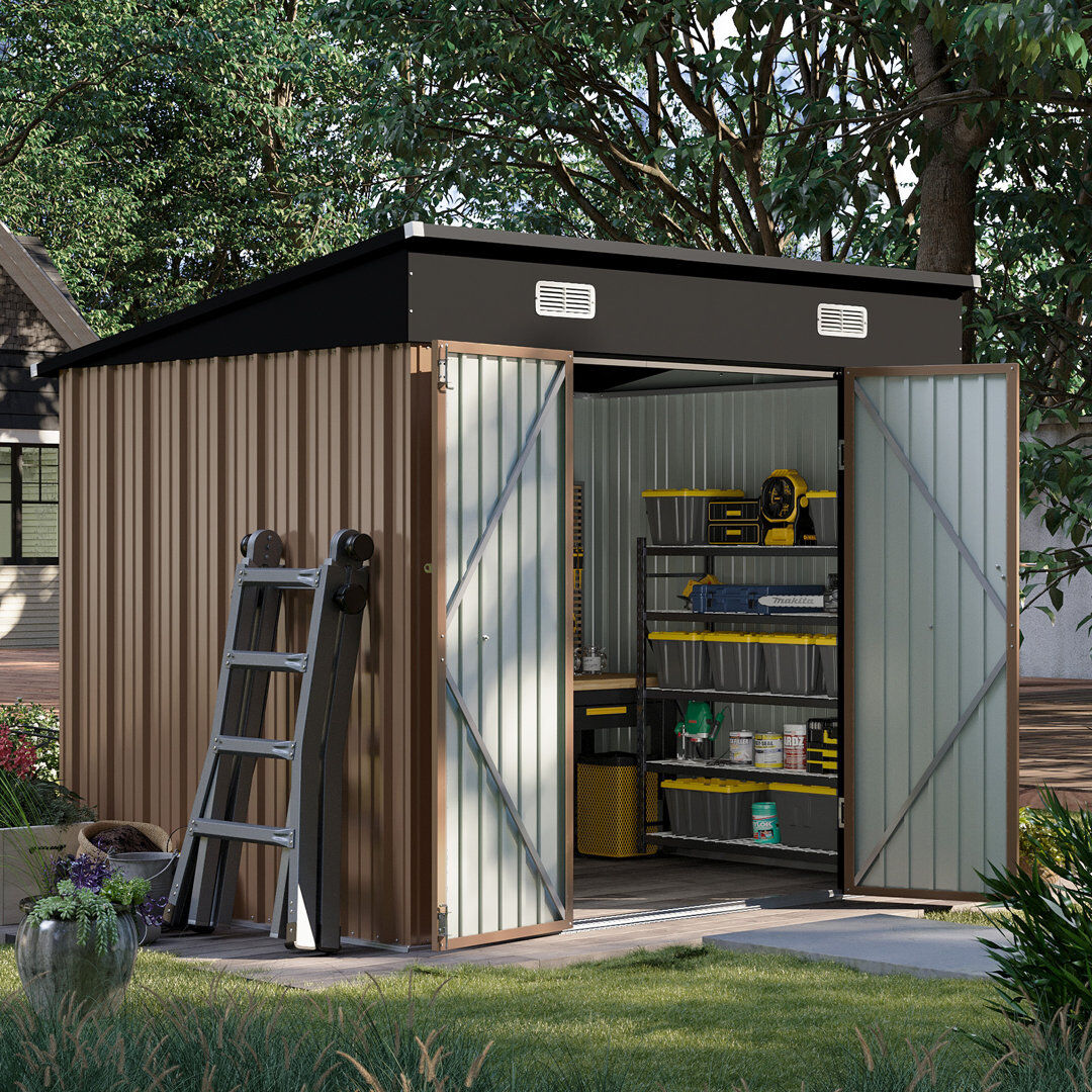 JolyDale 7.4 ft. W x 6.3 ft. D Metal Garden Shed Storage Shed with Sloping Roof, Lockable Door & Ventilation Brown 225cm W X 186cm D X 193cm H