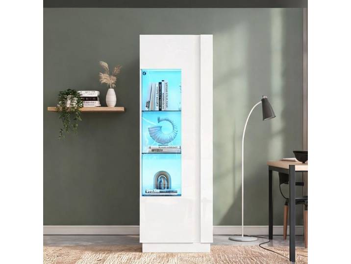 Vitrine haute soft white 60x40x180 cm porte en acrylique éclairage LED 3 étagères en verre