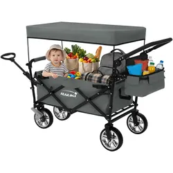 BOLLERWAGEN faltbar mit Dach XXL Grau Handwagen für Kinder Strand Picknick