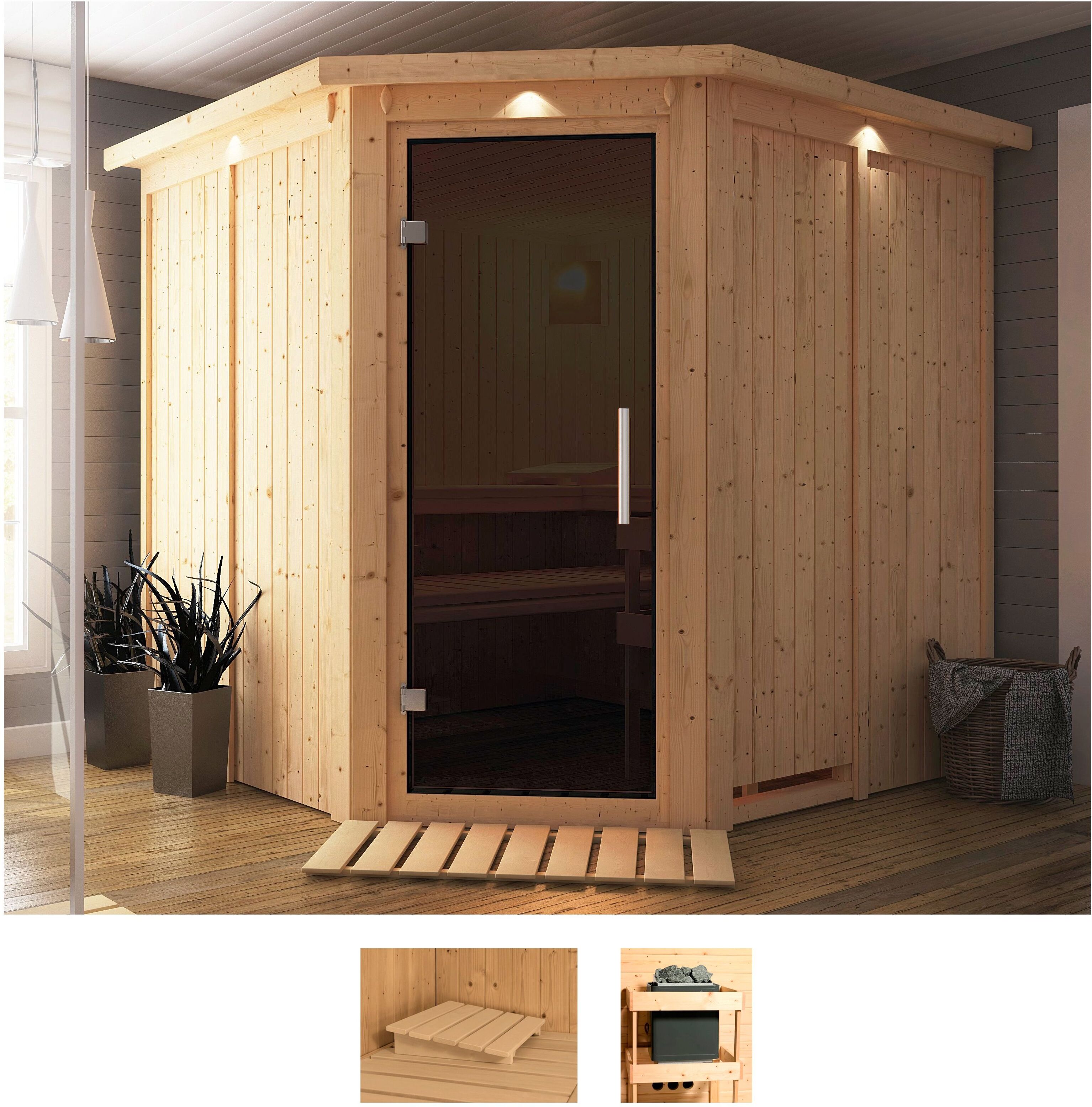 Sauna KARIBU "Jarin", beige (naturbelassen), ohne Ofen, (ohne Ofen), Saunen, ohne Ofen