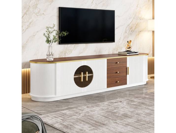 Meuble TV 180x40x46 cm LEMLIT Banc TV Salon 3 Tiroirs 3 Portes Verre Brun Poignées Aluminium Design Arrondi - Blanc
