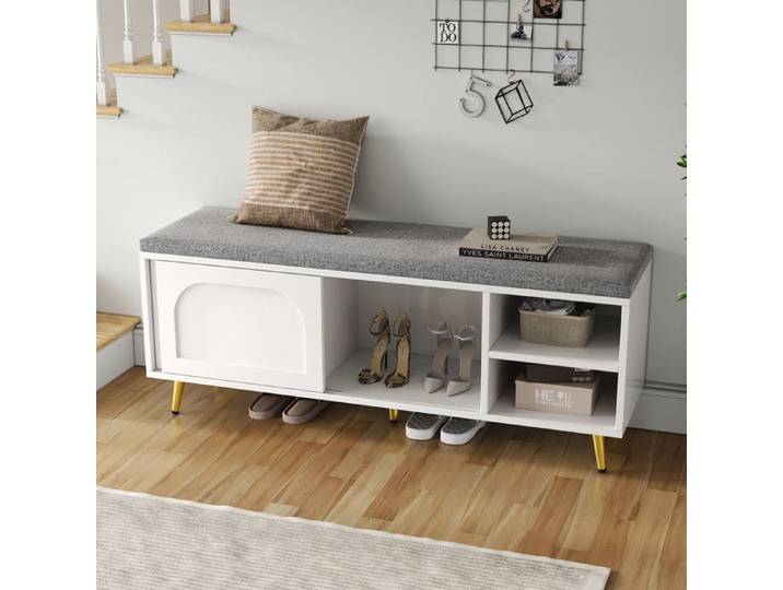 Meuble à Chaussures avec Rangement et Assise Banquette avec Coussin Banc de Vestiaire 121x35x49cm Blanc