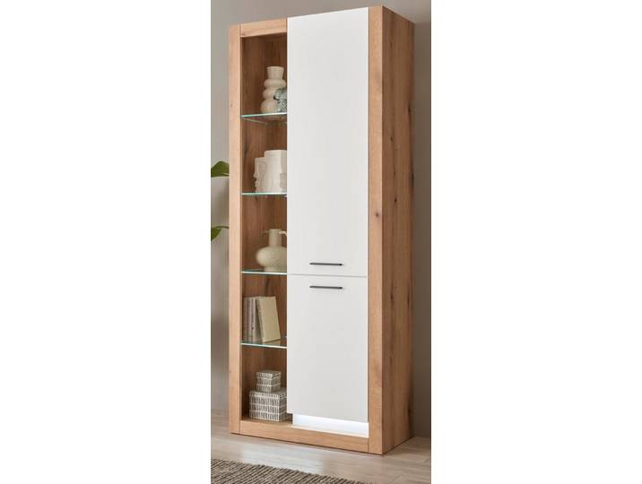 Furn.Design Stauraumvitrine Rivian (großer Vitrinenschrank in Eiche Dekor und matt weiß, 80 x 195 cm) mit 10 Fächern