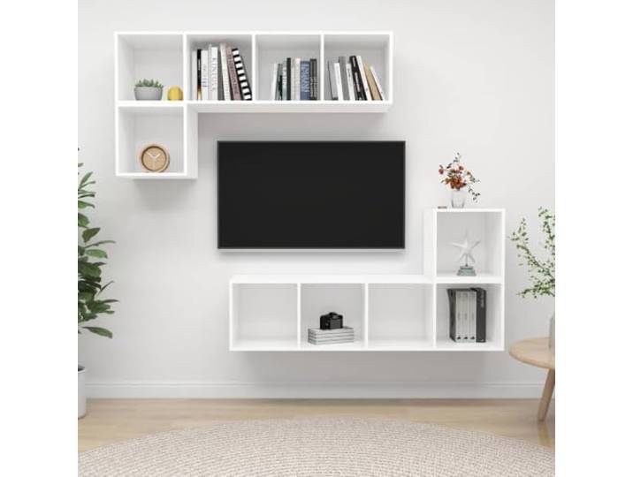 4-tlg. TV-Schrank-Set Weiß Holzwerkstoff Wandmontage Stauraum Organizer
