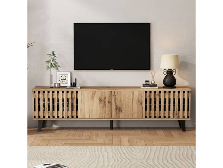 Meuble TV 180 cm en bois naturel - 8 compartiments séparés console multimédia pour téléviseur 70 pouces salon