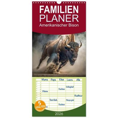 Familienplaner 2026 - Amerikanischer Bison mit 5 Spalten (Wandkalender, 21 x 45 cm) CALVENDO