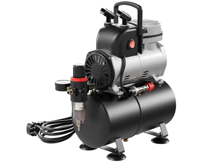 Wiltec Airbrush Einzylinderkolbenkompressor AF189 mit Lufttank, max. 6 bar Druck, Druckminderer, Wasserabscheider, Manometer