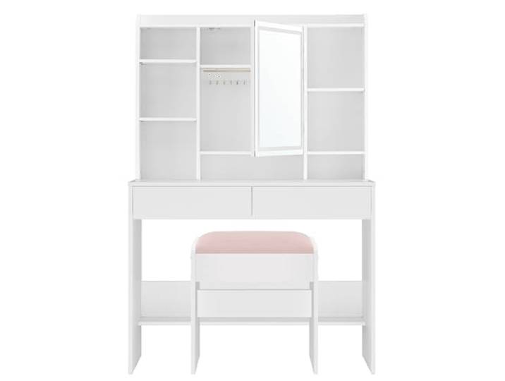 VASAGLE Schminktisch mit Beleuchtung, einstellbare Helligkeit, 2 Schubladen Frisiertisch mit Spiegel, Kosmetiktisch mit verstellbaren Ablagen, Hocker, modern, wolkenweiß und pastellrosa