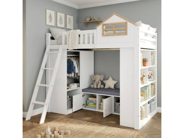 YAIXBNG Hochbett 90 x 200 cm in Weiß und Natur, Holzbett Kinderbett mit Hausdesign, Leiter, Kleiderschrank, offenem Regal und Sitzbank mit Stauraum