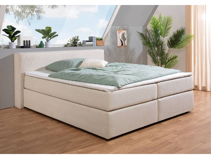 Boxspringbett, Cord, Beige, 167×225 cm, Inkl. 7-Zonen-Matratze, Skandinavisch, andas