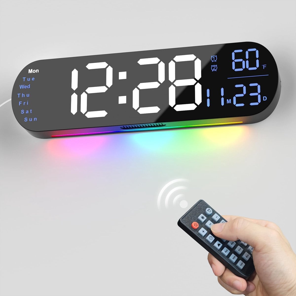 Digitale Wandklok met Afstandsbediening, RGB en Dubbele Wekker, 34 cm