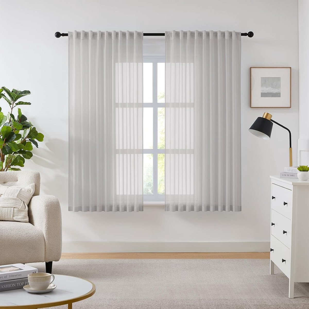 Set van 2 Translucente Gordijnen voor Railsysteem, Effen Voile met Rimpelband, Grijs, 175 x 137 cm
