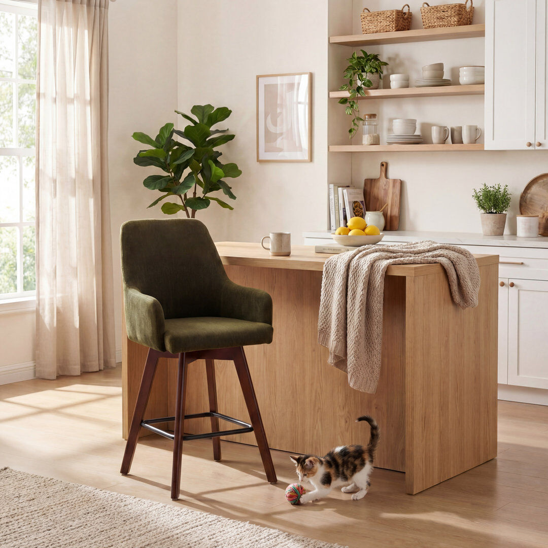Corrigan Studio Upholstered Bar Stool with Wooden Legs Modern Counter Stool with Back & Footrest Comfortable Kitchen Island Stool for Home Bar Green Chenille 106cm H X 50cm W X 55cm D