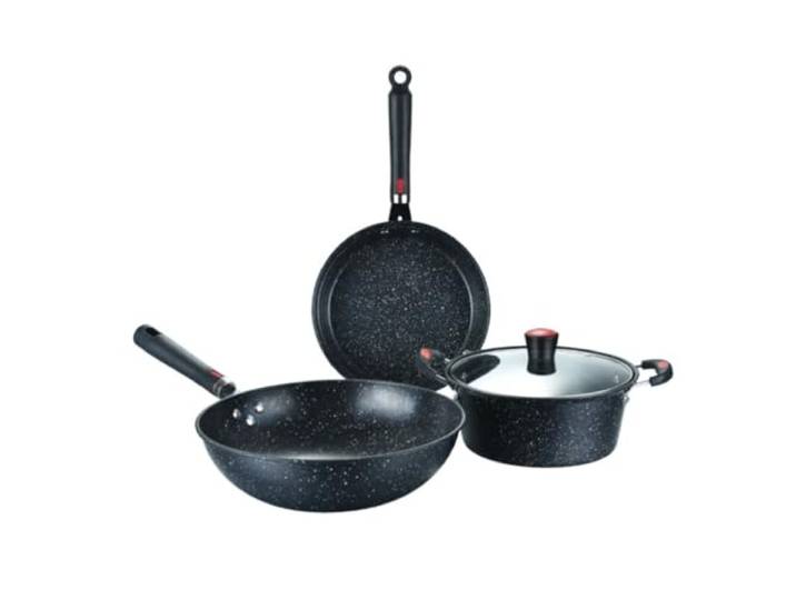 Topfset 3-teiliges Kochgeschirr-Set, Suppentopf Mit Glasdeckel, Wok, Bratpfanne, Schmiedeeisen, Medizinischer Stein, Antihaft-Kochtopf-Set, Küche Kochtopf Set
