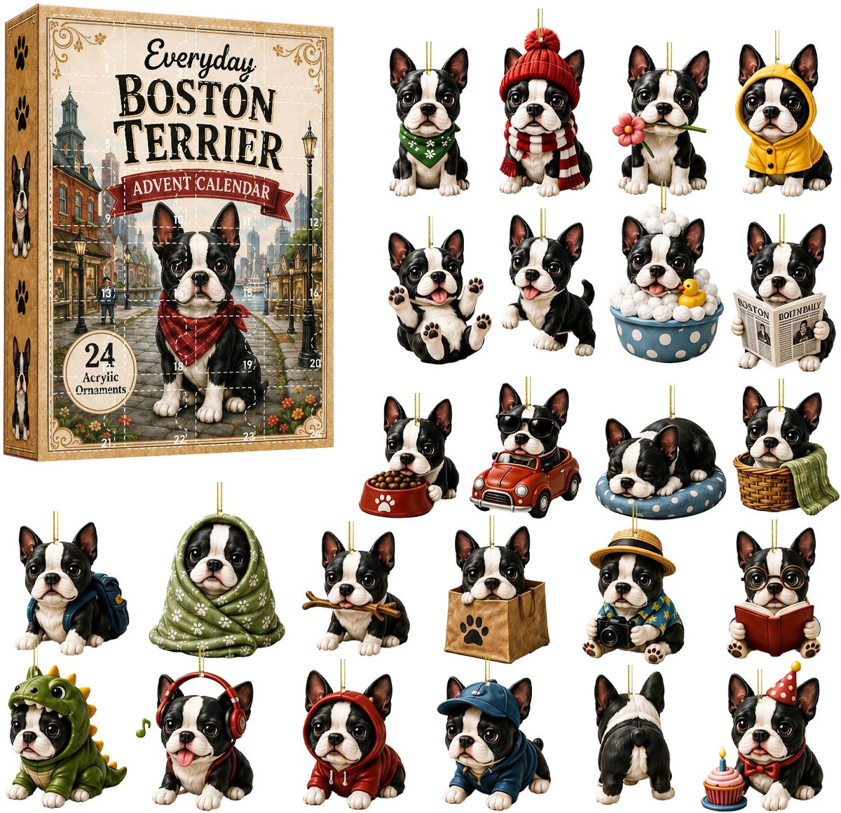 Boston Terrier Adventskalender 2026 met 24 stuks 2D platte acrylhangers voor kerstboomversiering
