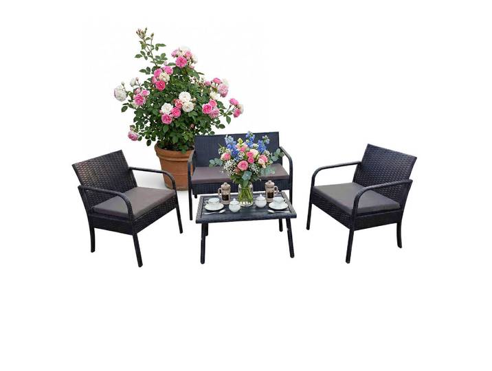Relaxdays Gartenmöbelset Schwarz Polyrattan mit Tisch, Kunststoff, Metall, Textil, Gartenmöbel, Gartengarnituren, Gartenmöbel-Set