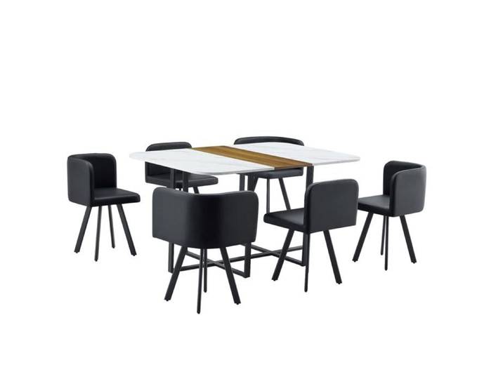 VLIVRA Ensemble Table Extensible et 4 Chaises - 4 à 6 Personnes - MDF Métal et PU - Blanc Noir et Bois
