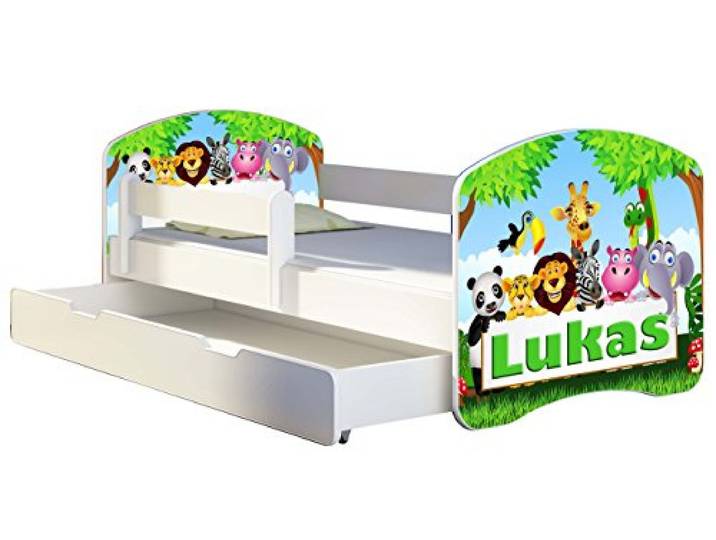 ACMA Kinderbett 140x70 Jugendbett mit Einer Schublade und Matratze, Rausfallschutz, Lattenrost Weiß, stabil, Kinderzimmer Bett, Jugendmöbel Design 01 Zoo Name