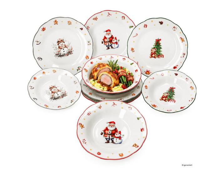 MamboCat Tafelservice 12tlg Tafelservice Navidad Speiseteller Suppenteller Weihnachten, Porzellan