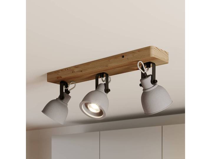 Lindby Spot Mitis, 50 cm, 3-flg., grau, Holz, Beton, GU10 Mitis Lindby, dimmbar, Holz hell, für Wohn- / Esszimmer, Beton, Industrielles Design
