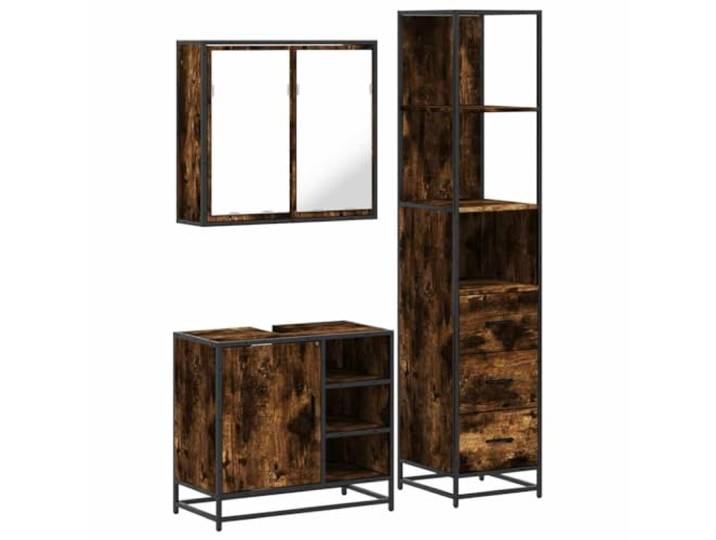 POUFGDR Badezimmermöbel-Set, 3-teilig, Raucheiche Spülenunterschrank mit Loch, Wandschrank, Metallrahmen, Holz Technik, Wandbefestigung inklusive